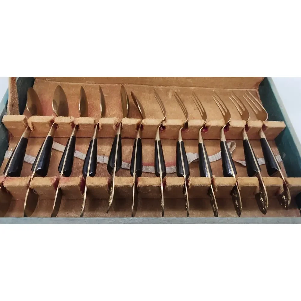 Vintage SIAM Bangkok Thailand 14 pcs Bronze Brass Silverware Utensil Desert Set